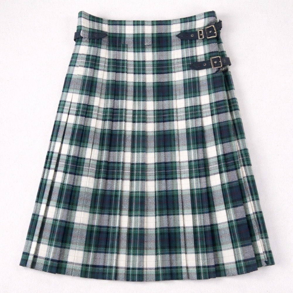The Kilt Centre Handmade Scotland Green Wool Pleated Tartan Kilt Skirt 26W XS/S